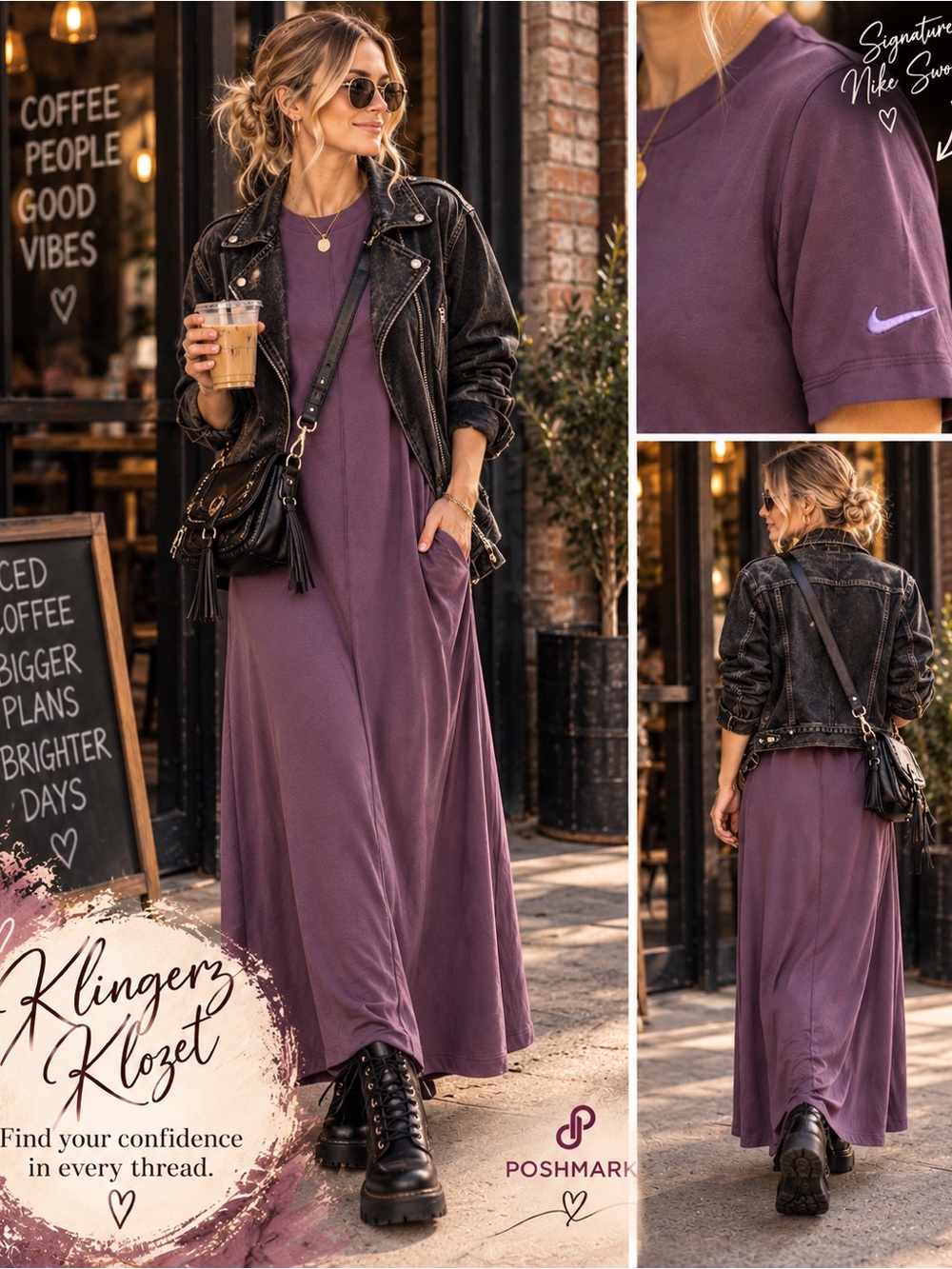Nike XS Purple Organic Cotton Maxi T-Shirt Dress Swoosh Athleisure